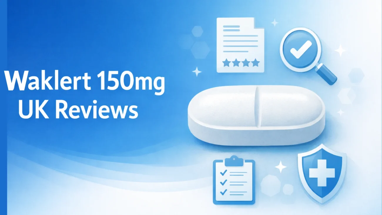 Waklert 150mg UK Reviews image showing a medical-style tablet illustration with healthcare icons representing safety, analysis, and user reviews