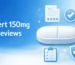 Waklert 150mg UK Reviews image showing a medical-style tablet illustration with healthcare icons representing safety, analysis, and user reviews