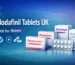 Infographic showing a UK buyer guide to the best modafinil tablets, with branded medicine boxes, blister packs, and comparison icons.