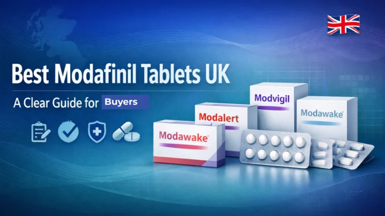 Infographic showing a UK buyer guide to the best modafinil tablets, with branded medicine boxes, blister packs, and comparison icons.