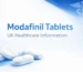 Illustration of generic modafinil tablets with UK healthcare information text on a clean blue and white background