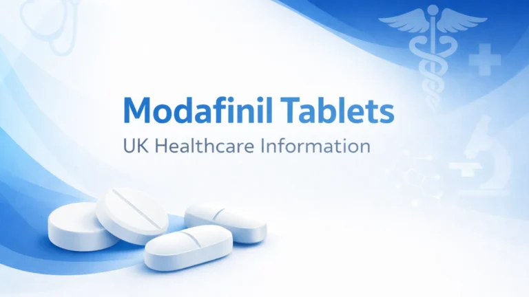 Illustration of generic modafinil tablets with UK healthcare information text on a clean blue and white background