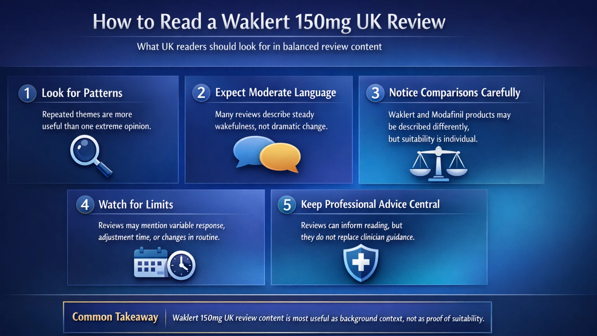 Waklert 150mg UK Review infographic showing how UK readers can assess review content by looking for patterns, moderate language, careful comparisons, limits, and professional advice