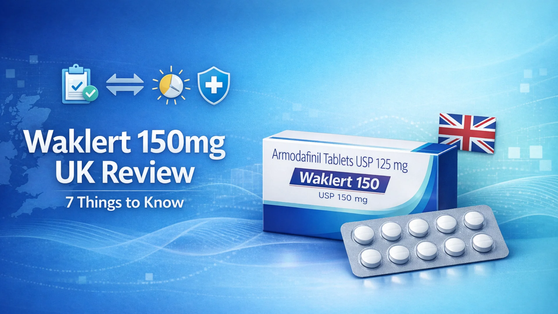 Editorial healthcare graphic for a Waklert 150mg UK review, showing a medicine box, blister pack, UK flag accent, and icons for review, comparison, wakefulness, and prescription context.