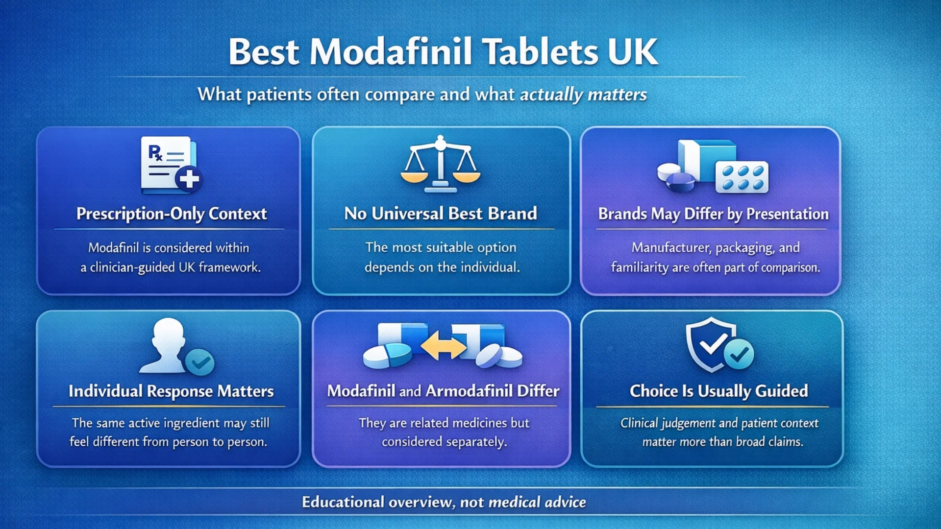 Best Modafinil Tablets UK mobile infographic showing prescription-only context, brand comparison factors, individual response, modafinil vs armodafinil differences, and clinician-guided choice