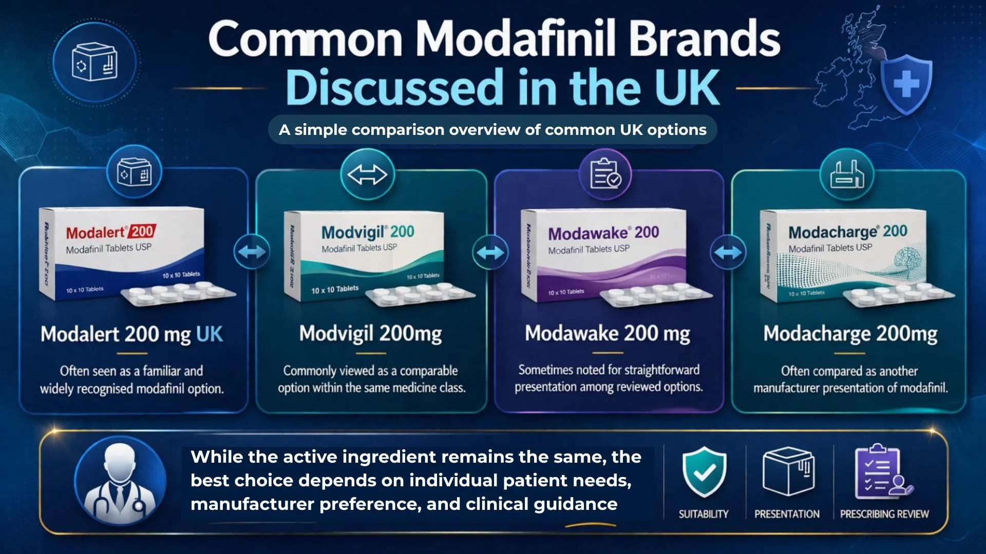 Best Modafinil Tablets UK infographic comparing Modalert 200 mg UK, Modvigil 200mg, Modawake 200 mg, and Modacharge 200mg for patients in the UK