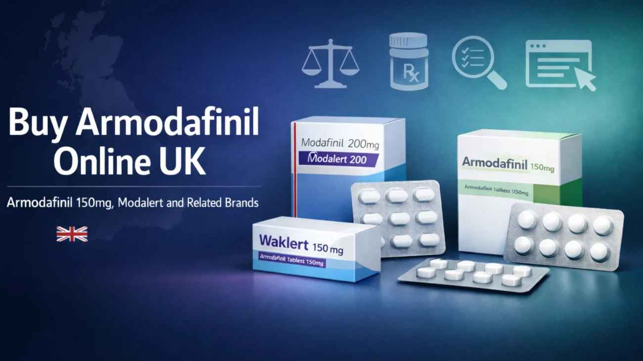 Buy Armodafinil Online UK comparison image showing Armodafinil 150mg, Modalert, Waklert and related medicine brands