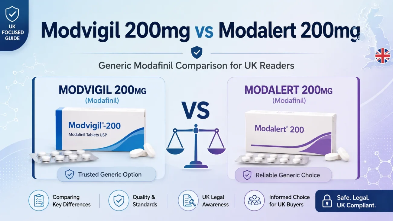 Modvigil 200mg vs Modalert 200mg side-by-side comparison graphic for UK readers.