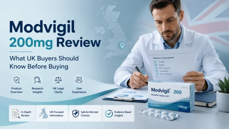 Modvigil 200mg review image showing product packaging, healthcare professional, UK map, and evaluation checklist for informed UK buyers.