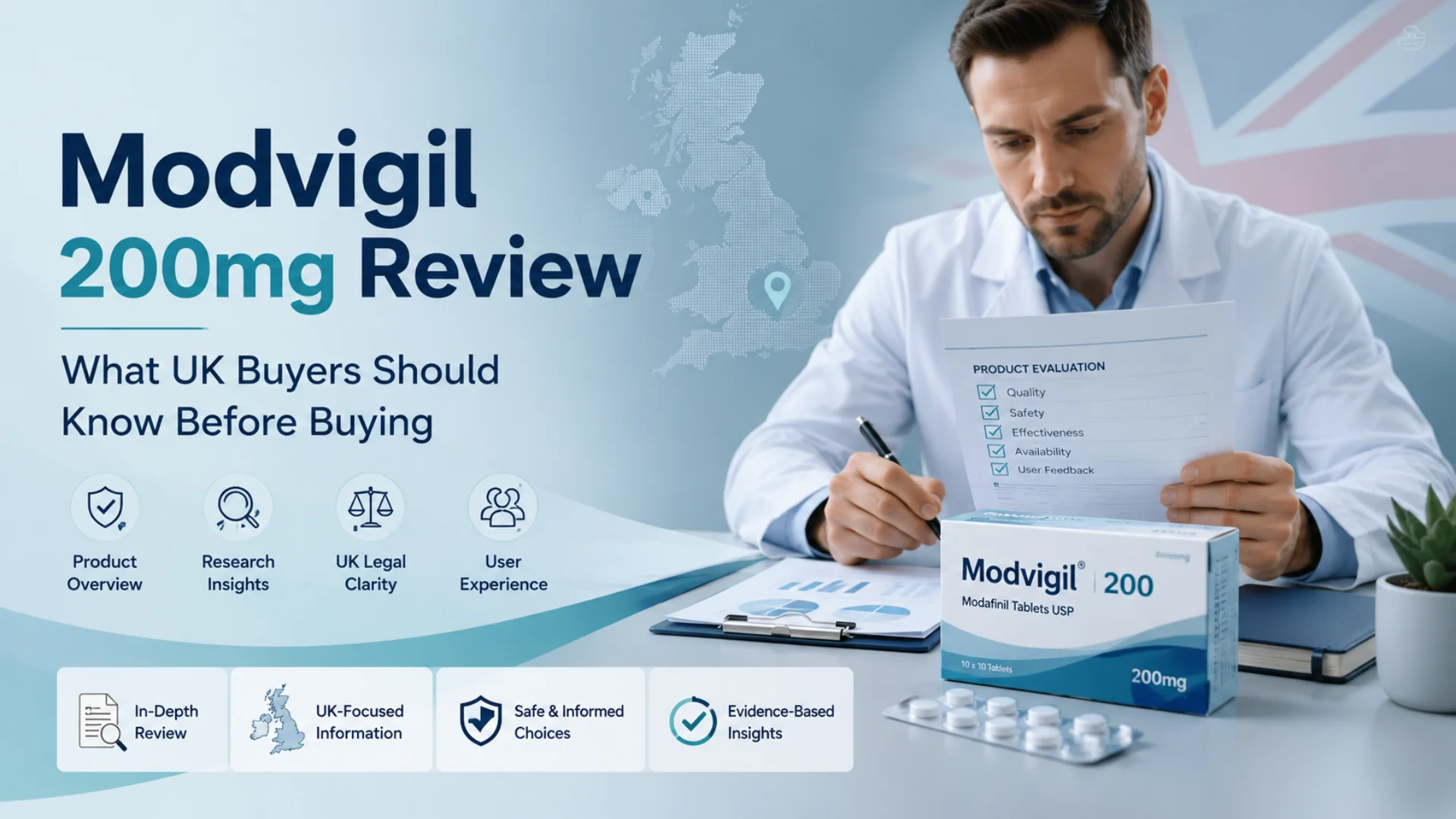 Modvigil 200mg review image showing product packaging, healthcare professional, UK map, and evaluation checklist for informed UK buyers.
