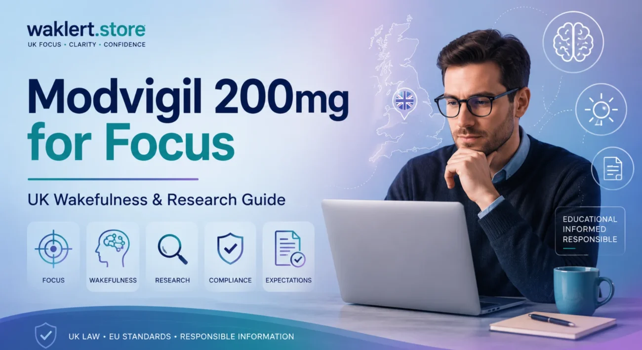UK educational guide image about Modvigil 200mg for focus and wakefulness with research, compliance, and healthcare icons.