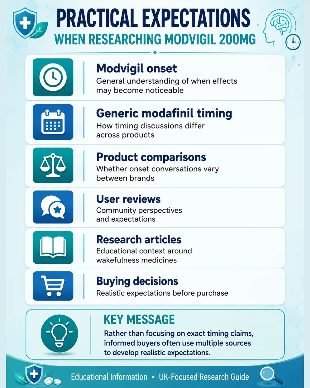 Mobile infographic explaining how long does Modvigil 200mg take to work, with buyer research topics including onset, timing, reviews, comparisons, and purchase expectations.