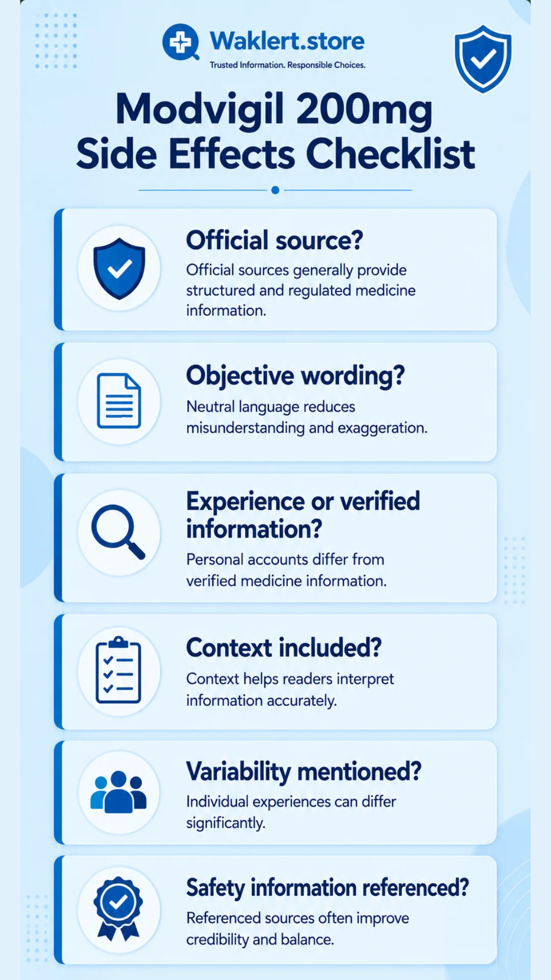 Modvigil 200mg side effects checklist infographic with mobile-friendly cards explaining how to review medicine information responsibly.