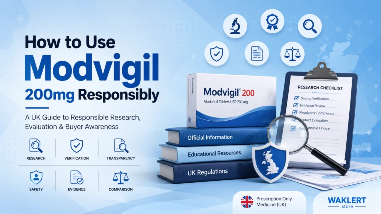 Educational UK healthcare graphic about researching Modvigil 200mg responsibly, with checklist, regulatory shield, and official information resources.