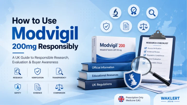 Educational UK healthcare graphic about researching Modvigil 200mg responsibly, with checklist, regulatory shield, and official information resources.