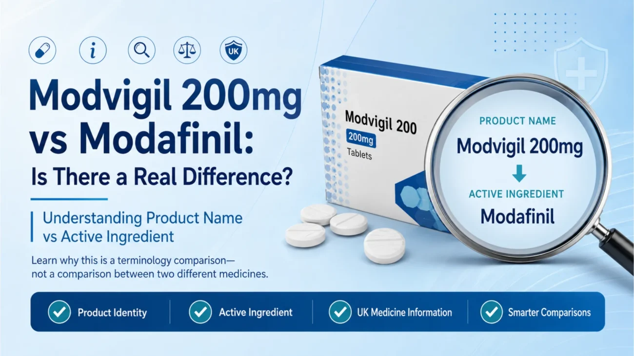 modvigil 200mg vs modafinil educational hero image explaining product name versus active ingredient with medicine box and magnifying glass