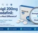 modvigil 200mg vs modafinil educational hero image explaining product name versus active ingredient with medicine box and magnifying glass