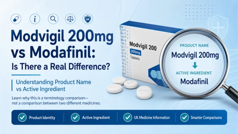 modvigil 200mg vs modafinil educational hero image explaining product name versus active ingredient with medicine box and magnifying glass