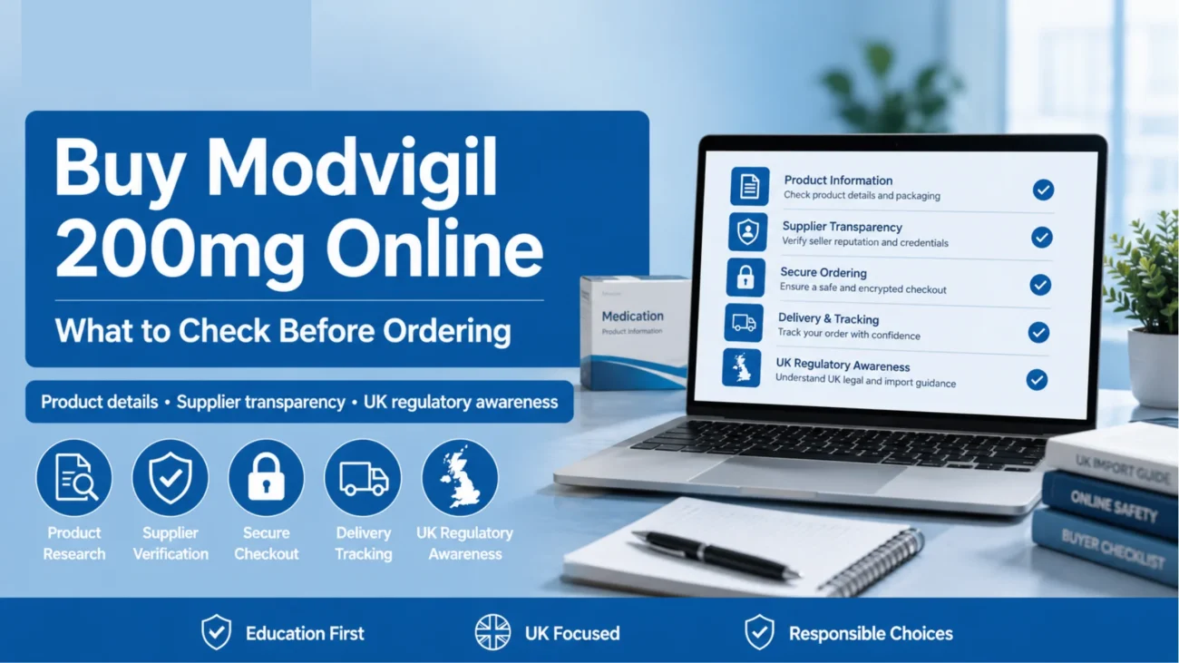 Buy Modvigil 200mg Online educational checklist image showing supplier transparency, secure checkout, delivery tracking and UK regulatory awareness.