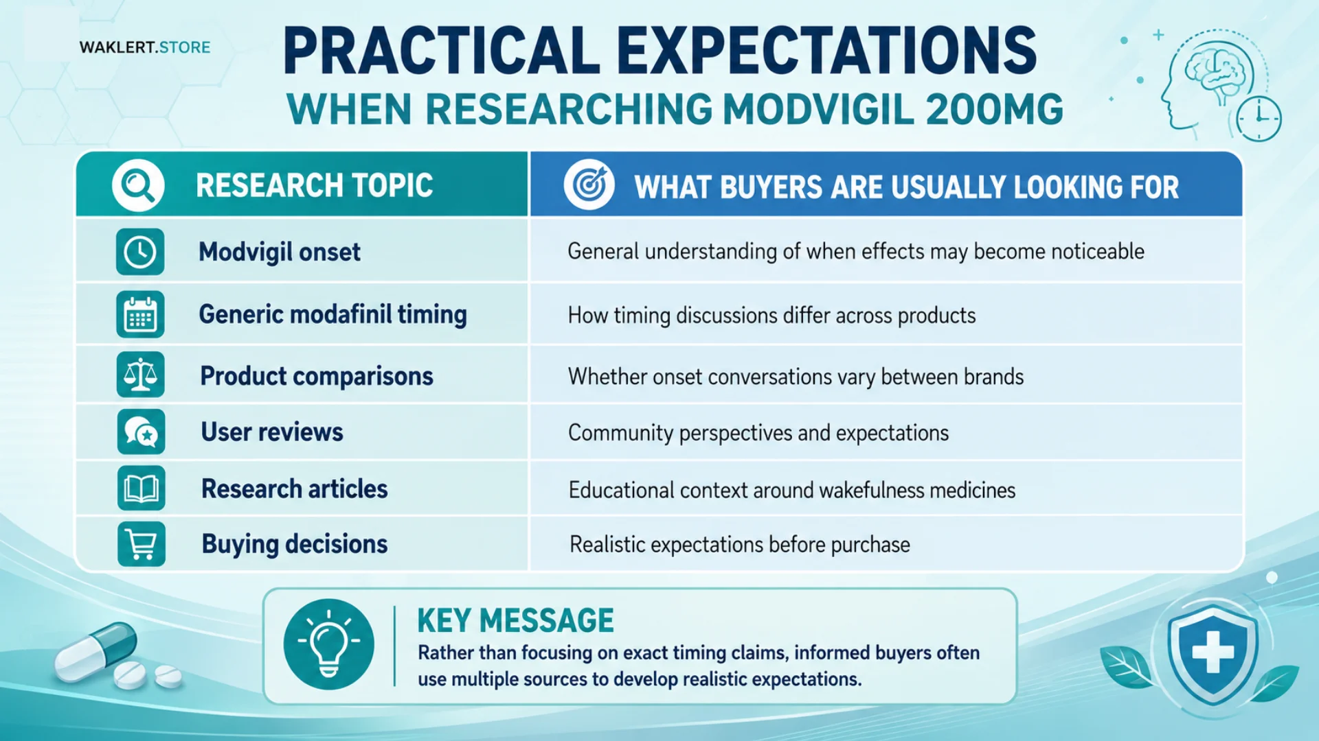 Infographic explaining how long does Modvigil 200mg take to work , with research topics like onset, generic modafinil timing, product comparisons, user reviews, and buying expectations.
