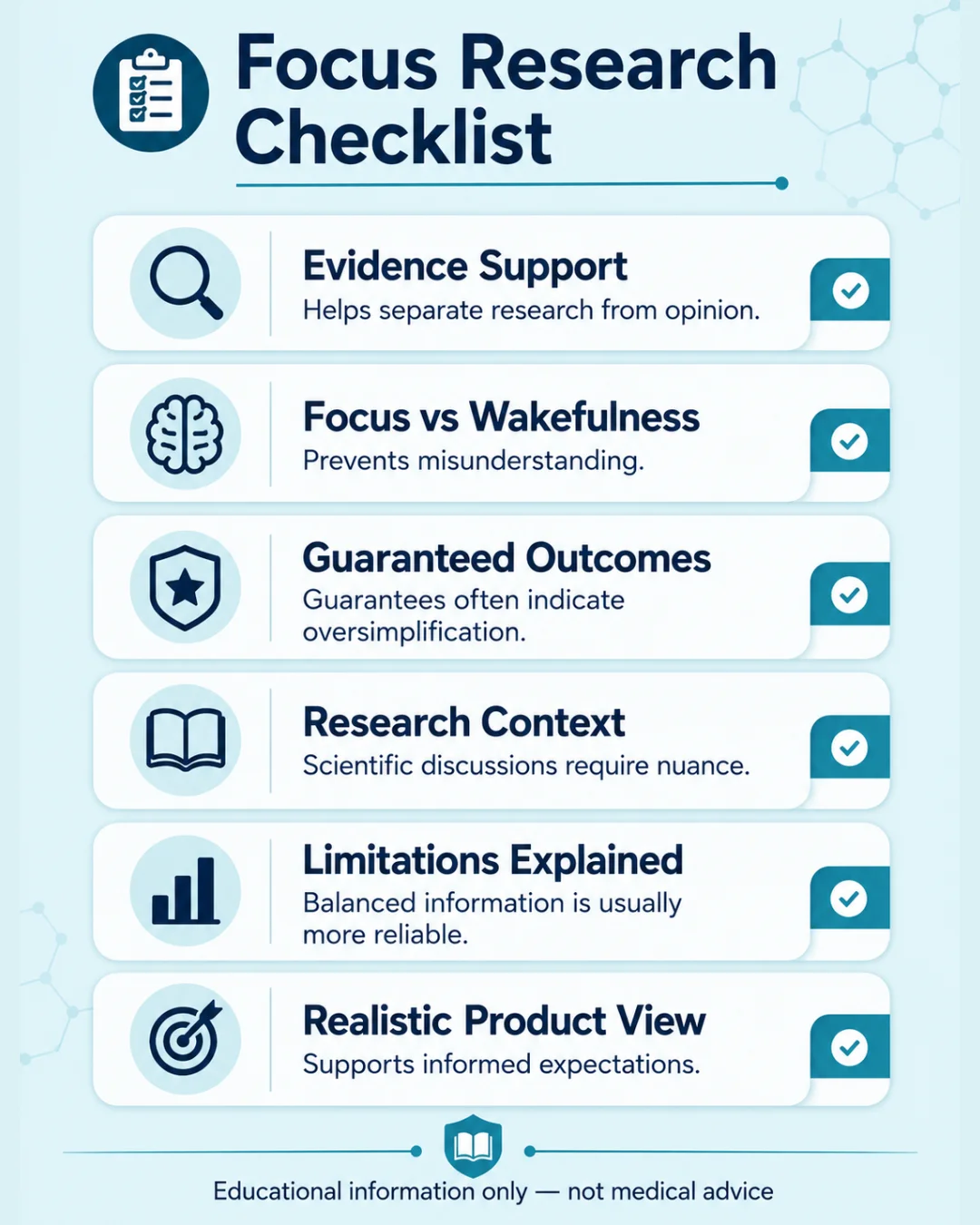 Mobile Focus Research Checklist infographic with evidence, context, limitations, and realistic product evaluation guidance.
