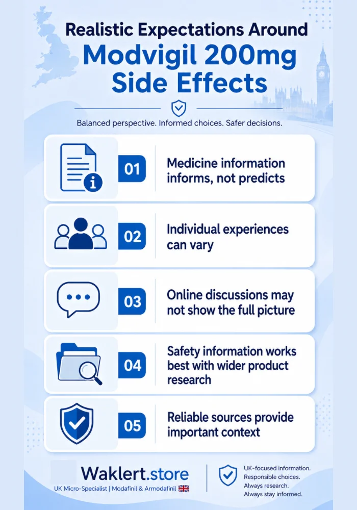 Mobile infographic explaining realistic expectations around Modvigil 200mg side effects with five safety-focused research principles.