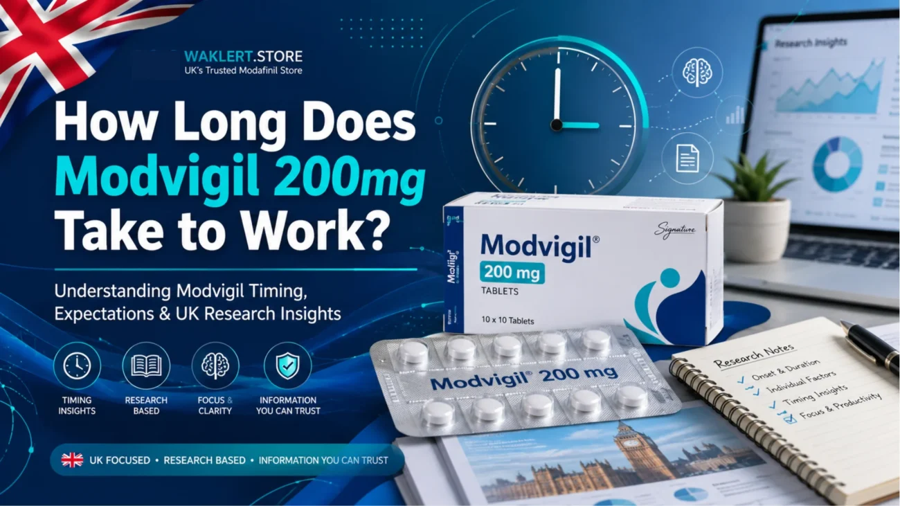 Modvigil 200mg box and blister pack with clock, UK research visuals, and healthcare graphics for timing information.