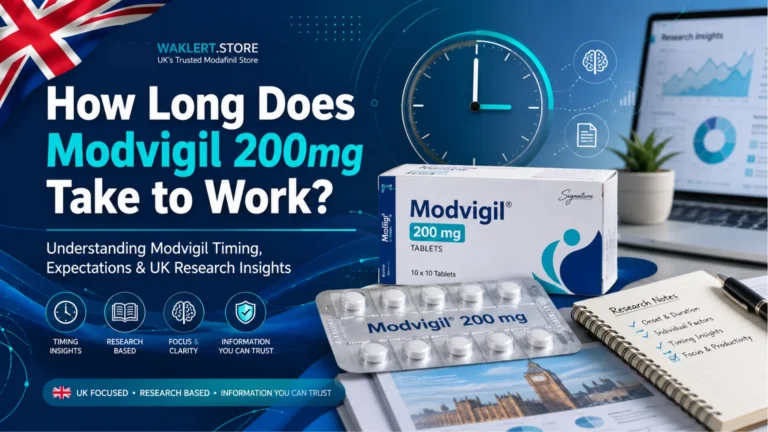 Modvigil 200mg box and blister pack with clock, UK research visuals, and healthcare graphics for timing information.