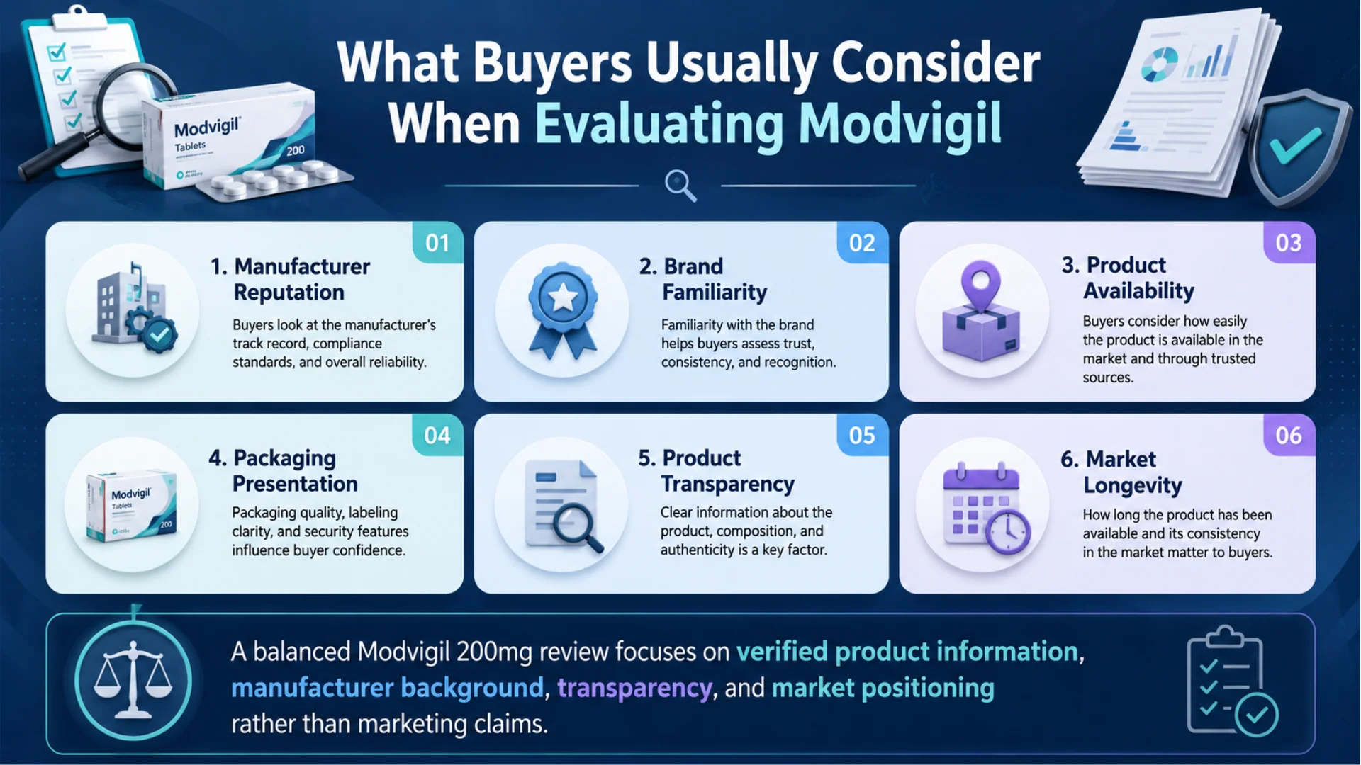Modvigil 200mg Review infographic showing buyer evaluation factors including manufacturer reputation, brand familiarity, product availability, packaging presentation, product transparency, and market longevity.