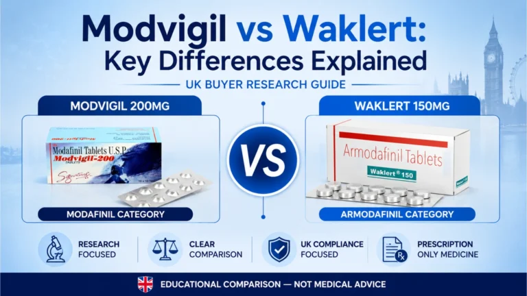 Modvigil vs Waklert comparison image showing Modafinil and Armodafinil categories for a UK buyer research guide