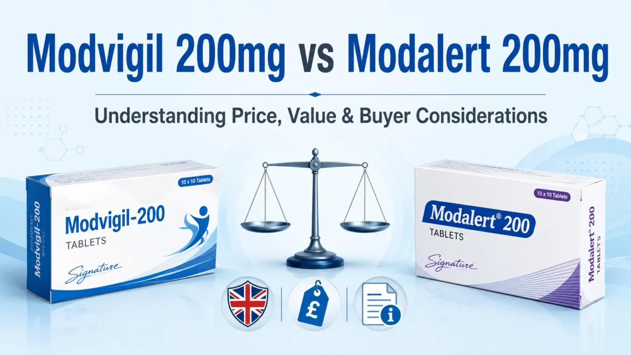 Modvigil 200mg vs Modalert 200mg comparison image showing medicine boxes, price tag, UK shield, and buyer information icons.
