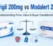 Modvigil 200mg vs Modalert 200mg comparison image showing medicine boxes, price tag, UK shield, and buyer information icons.
