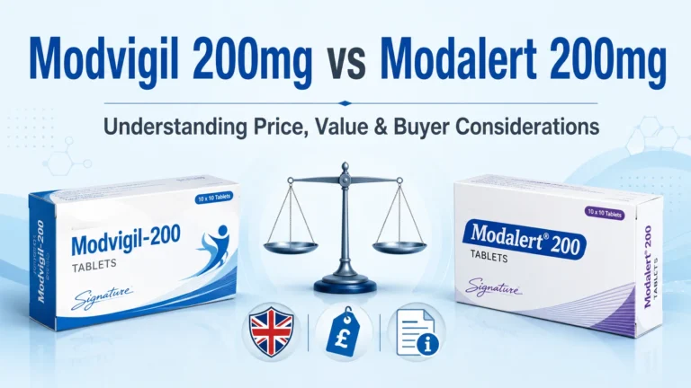 Modvigil 200mg vs Modalert 200mg comparison image showing medicine boxes, price tag, UK shield, and buyer information icons.