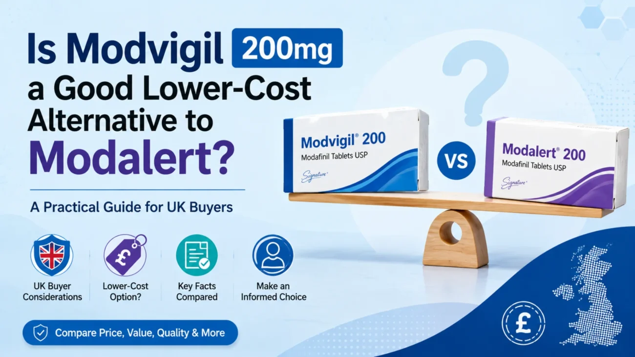 Featured image comparing Modvigil 200mg as a lower-cost alternative to Modalert 200mg for UK buyers.
