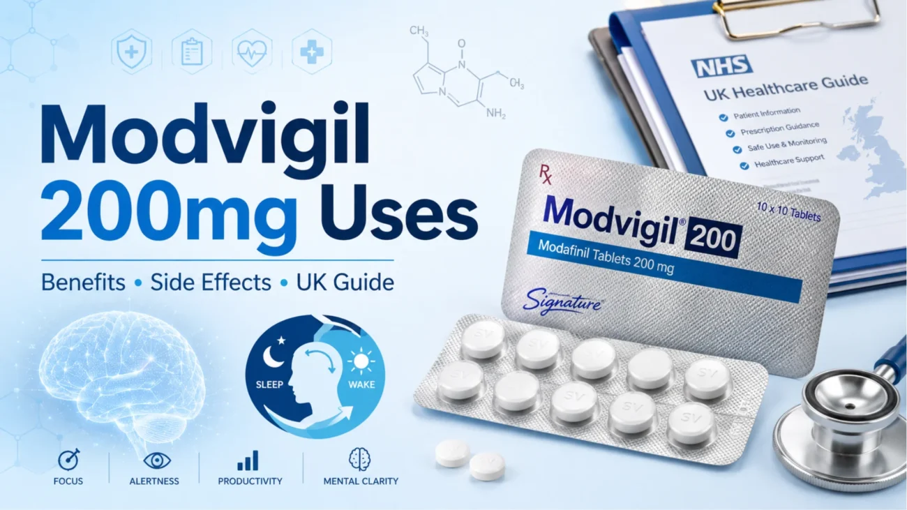 Modvigil 200mg blister pack with tablets, UK healthcare documents, brain illustration and sleep-wake cycle graphic.