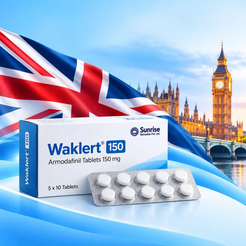 Waklert 150mg product illustration with UK flag and London landmarks
